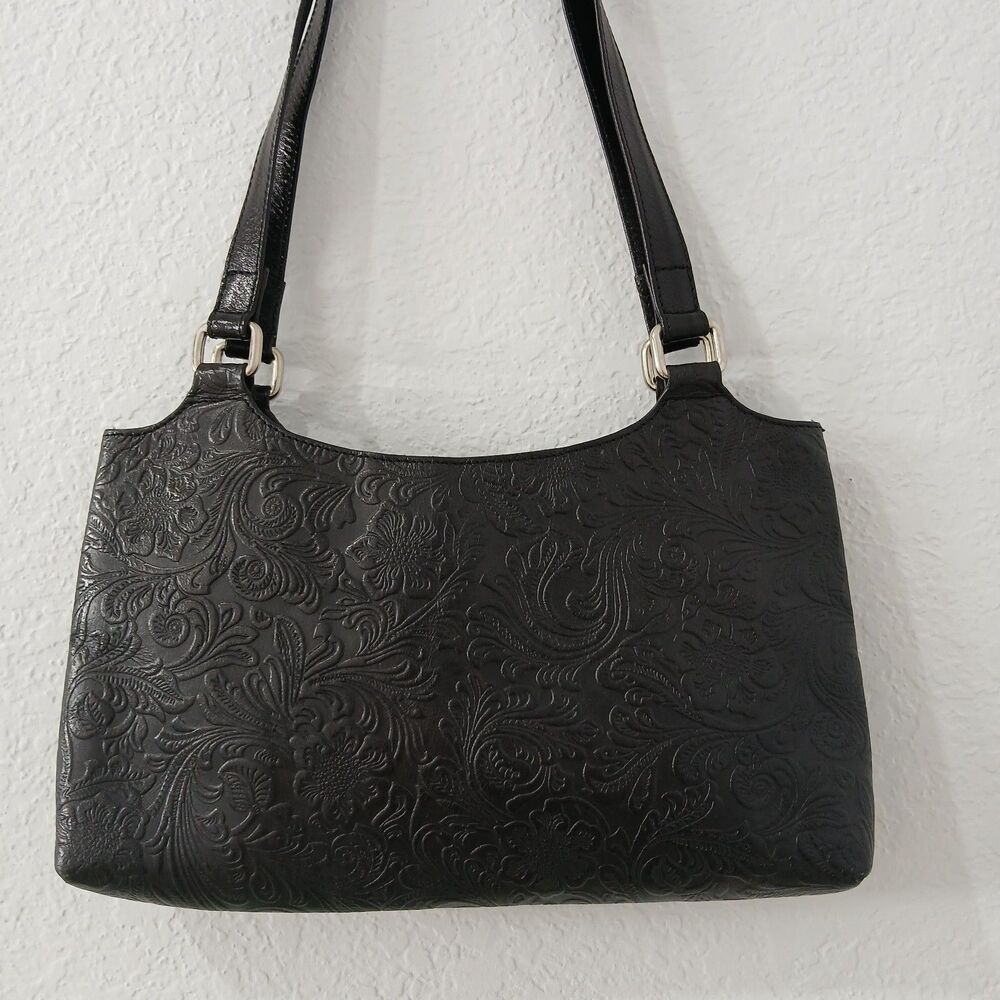 Y2K Vintage EXPRESS Black Leather Small Hobo Shoulder Bag Floral #P2